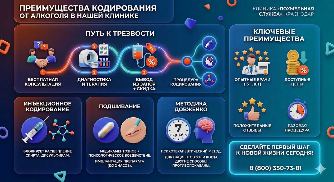 Инфографика о методах кодирования от алкоголя в Новоспасском: инъекции, подшивание, метод Довженко. Преимущества клиники и этапы лечения.