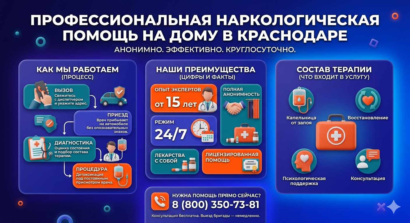 Инфографика о принципах лечения алкоголизма на дому в Новоспасском: этапы вызова нарколога, преимущества анонимной детоксикации и состав медицинской помощи.
